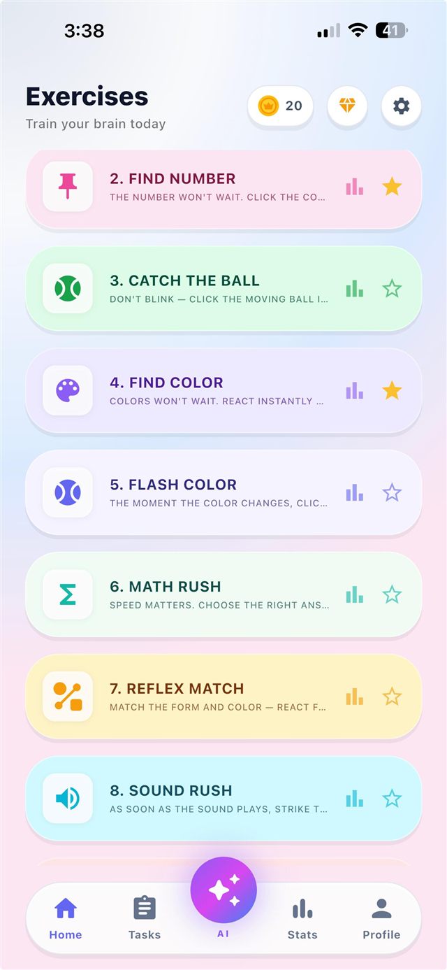 BrainBoost exercise list including Find Number, Catch the Ball, Math Rush, and Sound Rush