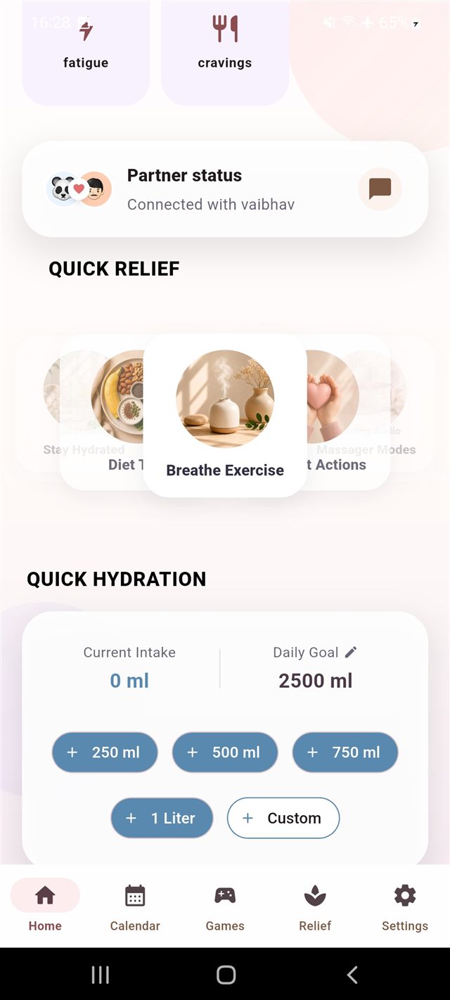 FlowCare relief screen with breathing exercises, diet tips, and a hydration tracker