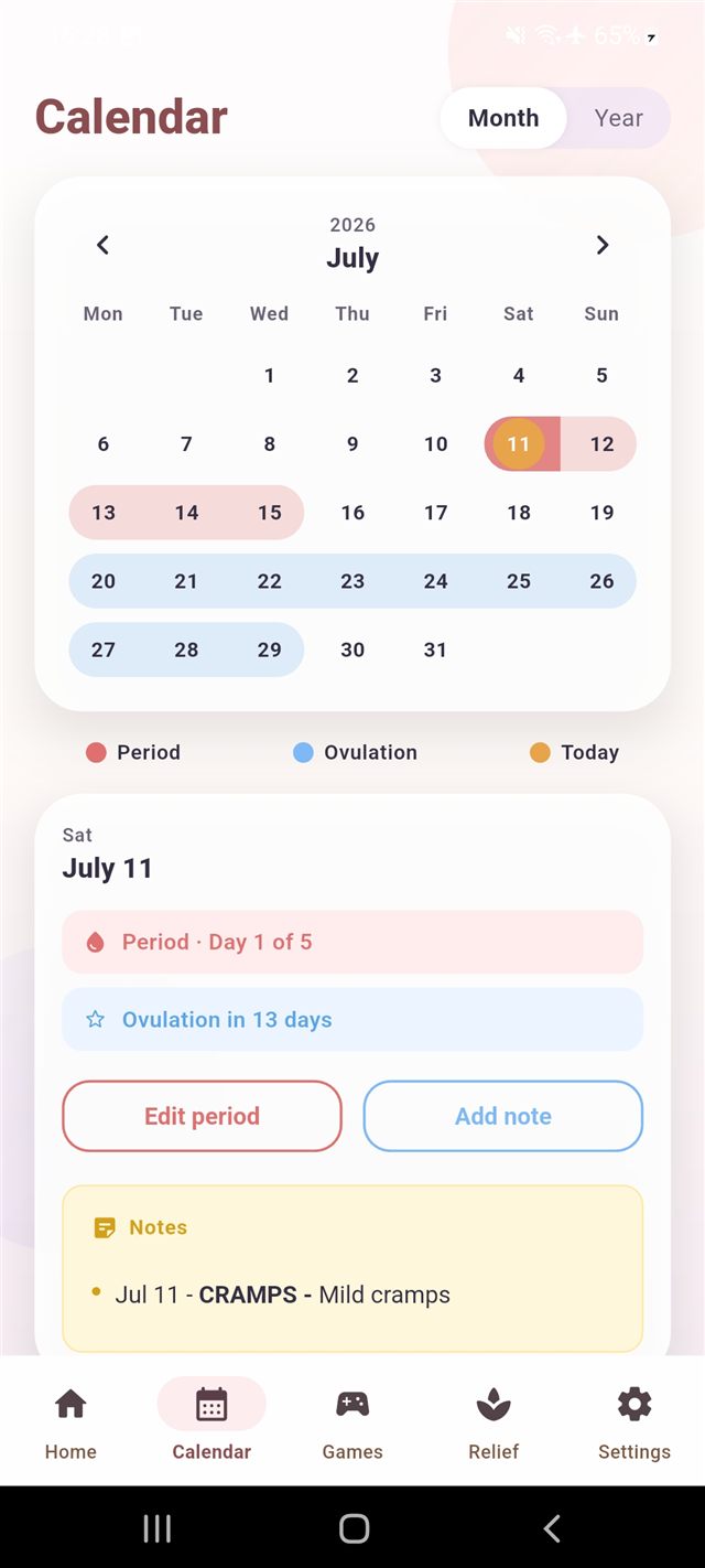 FlowCare calendar showing period and ovulation days across the month