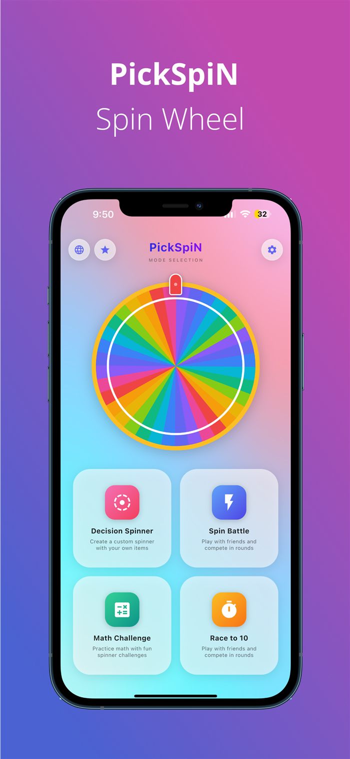PickSpin game modes — Decision Spinner, Spin Battle, Math Challenge, and Race to 10