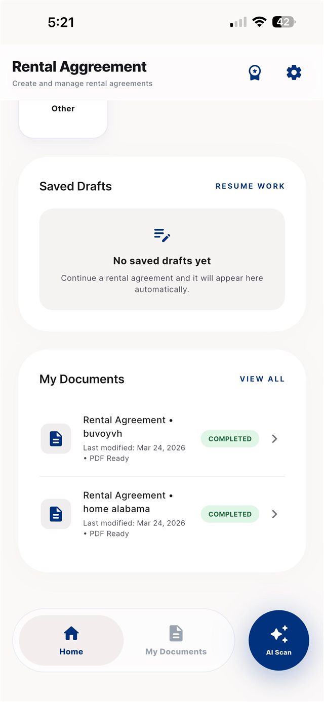 Rent Agreement Maker documents screen with saved drafts and completed PDF agreements
