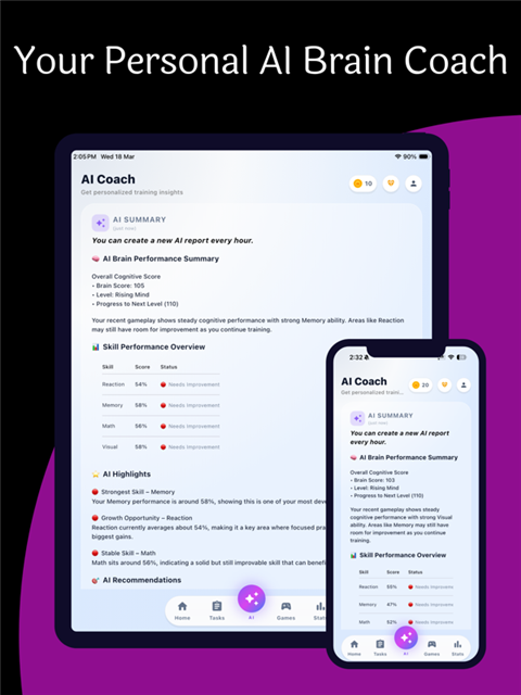 BrainBoost AI Coach screen with a personalized performance report