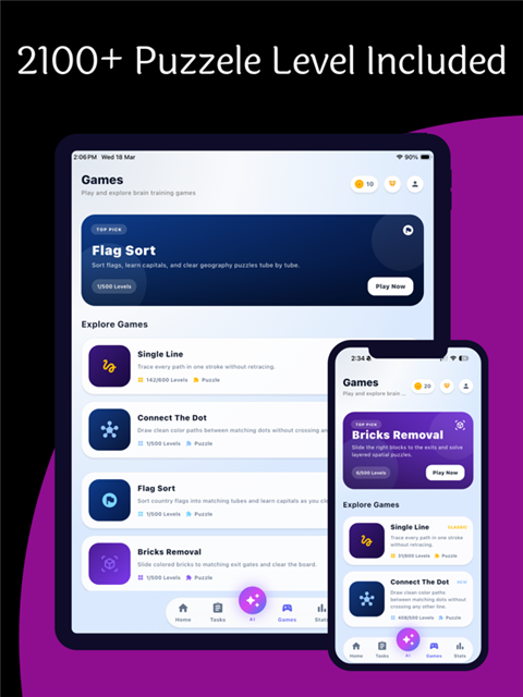 BrainBoost games screen showing puzzle games with 2,100+ levels