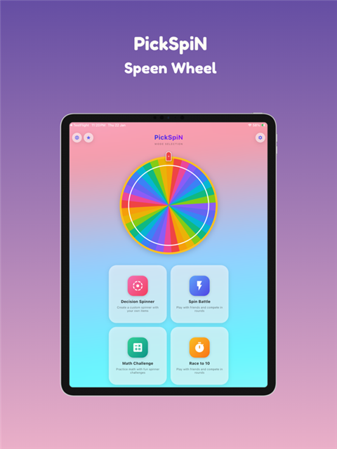 PickSpin mode selection screen showing Decision Spinner, Spin Battle, Math Challenge, and Race to 10