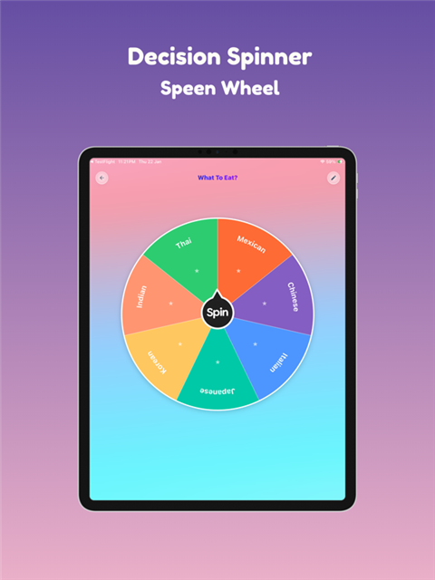 PickSpin Decision Spinner screen with a custom wheel for what to eat