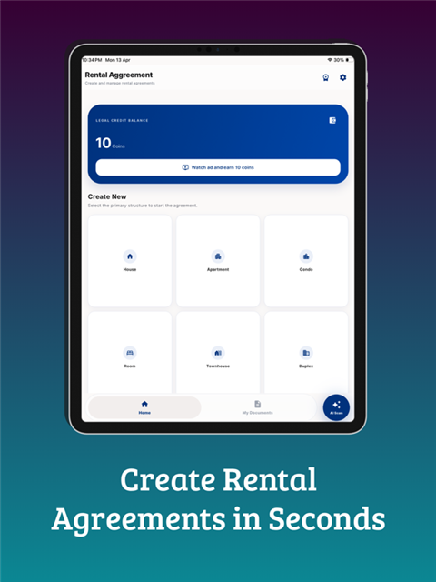 Rent Agreement Maker home screen for creating rental agreements in seconds